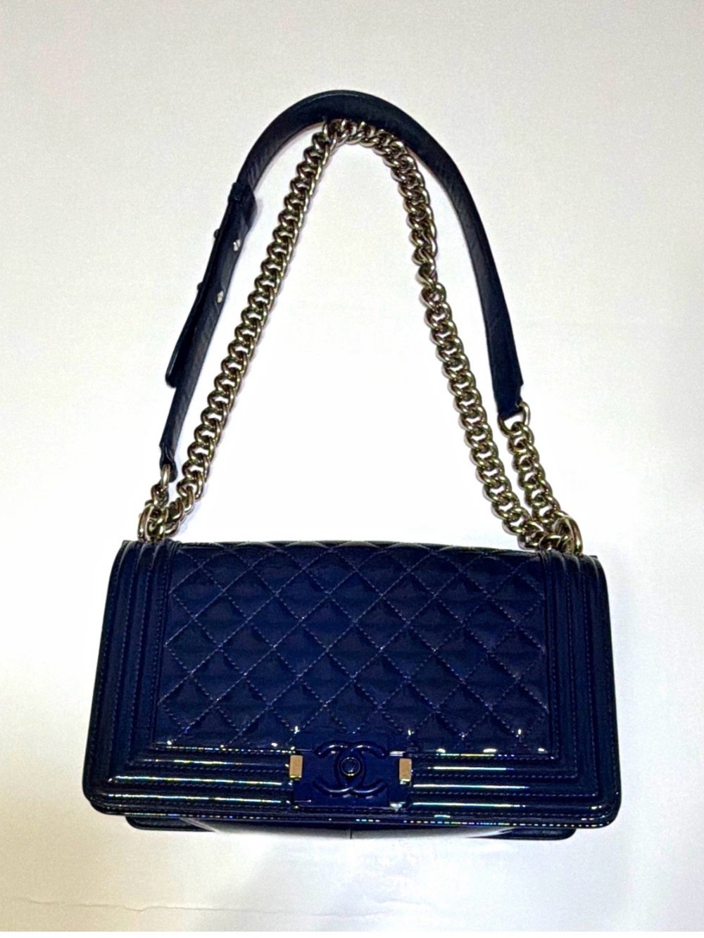 CHANEL Boy Bag Navy Blue Patent Leather Quilted Silver Hardware